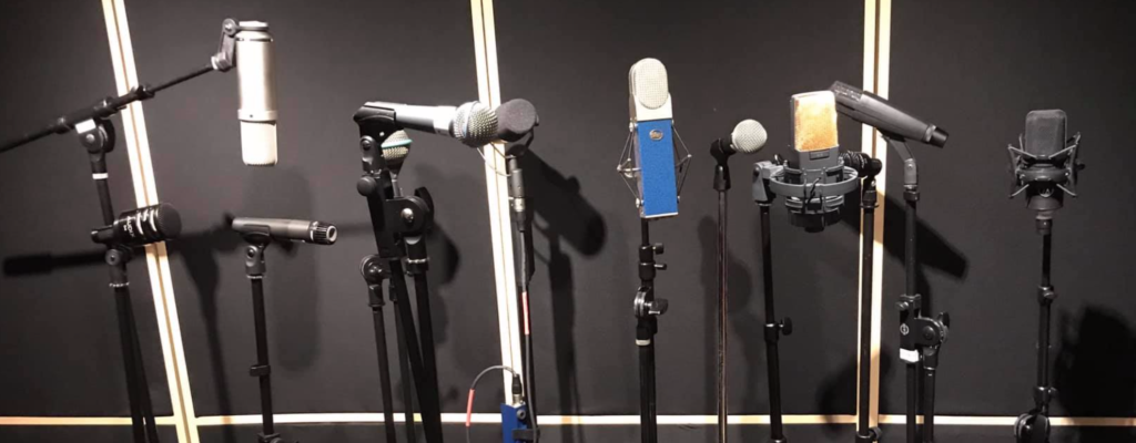 A group pf microphones on stands in front of a sound panel.  Many different mics